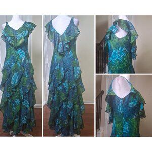 VTG 90s Blue Green Floral Animal Print Fairy Ruffle Midi Dress 6 Y2k Preppy Boho